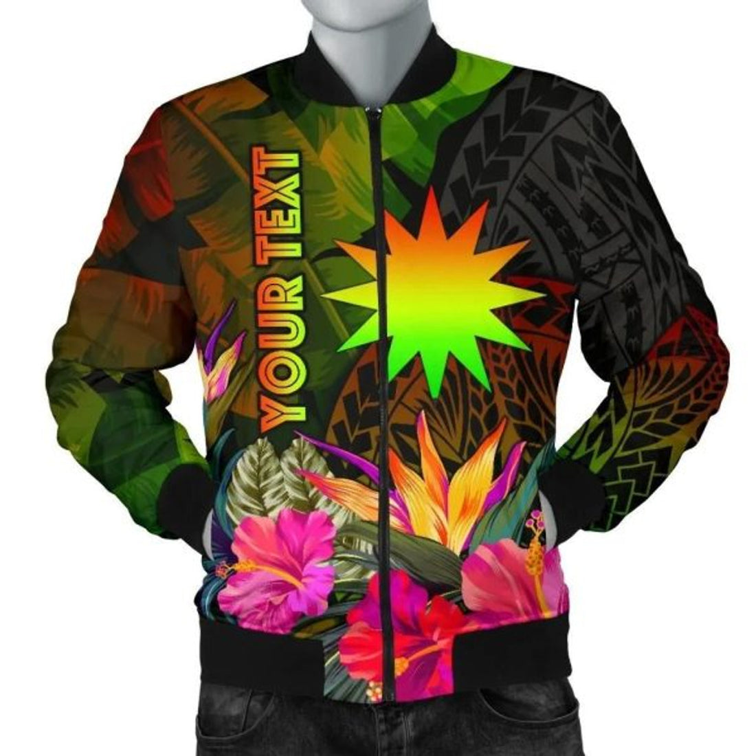 FUNSTUFFPRINTI Nauru Polynesian Personalised Men's Bomber Jacket - Hibiscus and Banana Leaves - Bomber Jacket