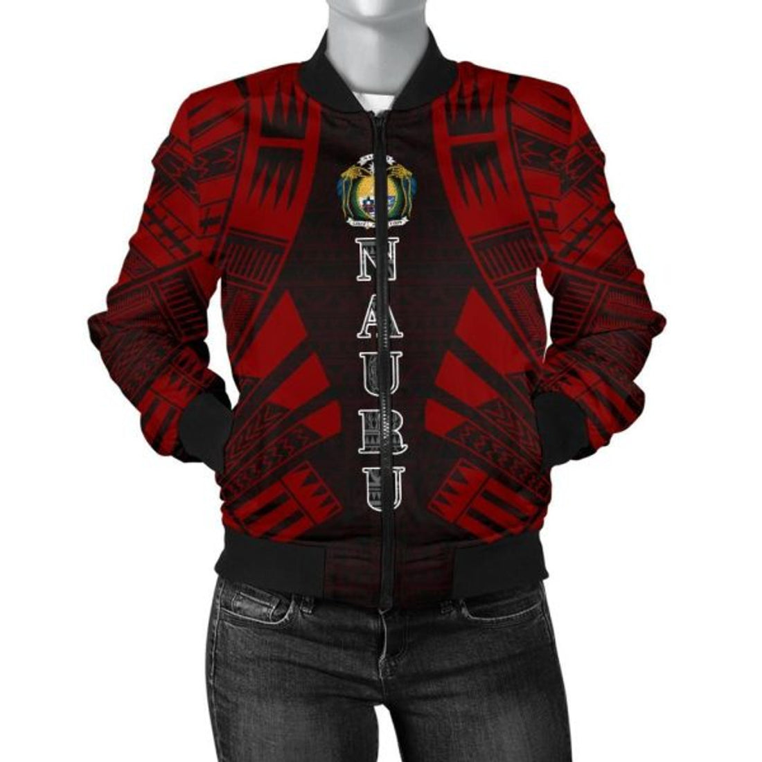 FUNSTUFFPRINTI Nauru Women Bomber Jacket - Polynesian Tattoo Red - 10 Bomber Jacket