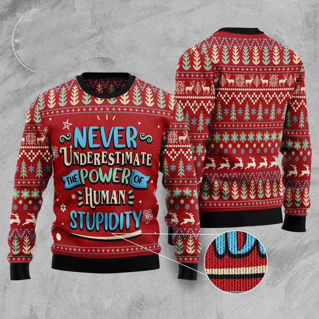 FUNSTUFFPRINT Never Underestimate The Power Of Human Stupidity Ugly Christmas Sweater, Christmas Sweater, Ugly Sweater, Funny Xmas Sweaters Ugly Sweater