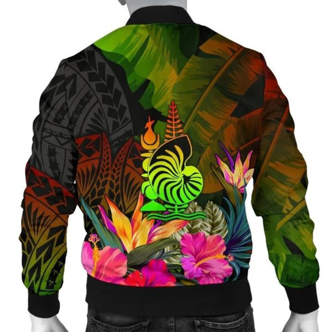 FUNSTUFFPRINTI New Caledonia Polynesian Personalised Men's Bomber Jacket- Hibiscus and Banana Leaves - Bomber Jacket