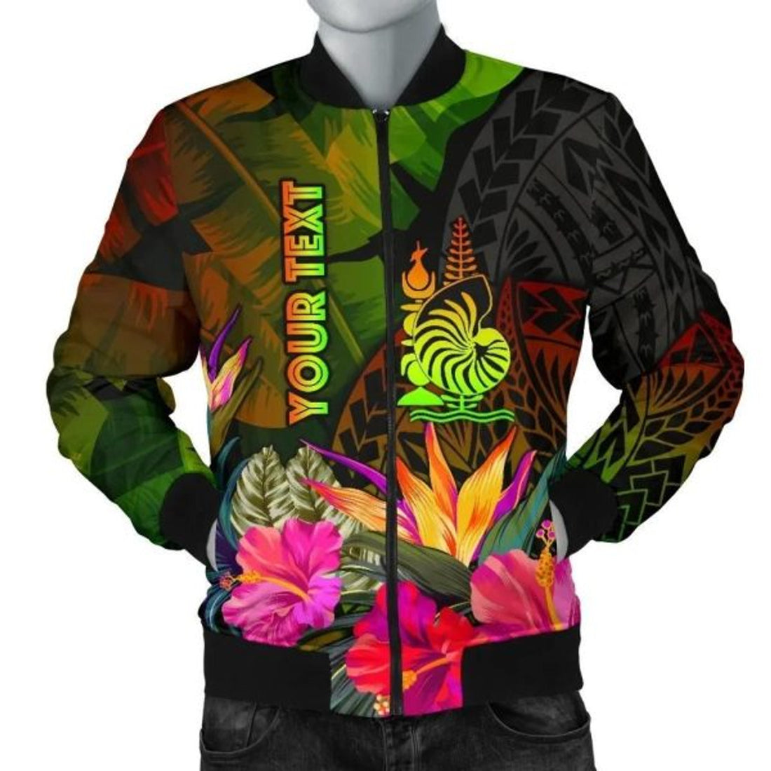 FUNSTUFFPRINTI New Caledonia Polynesian Personalised Men's Bomber Jacket- Hibiscus and Banana Leaves - Bomber Jacket