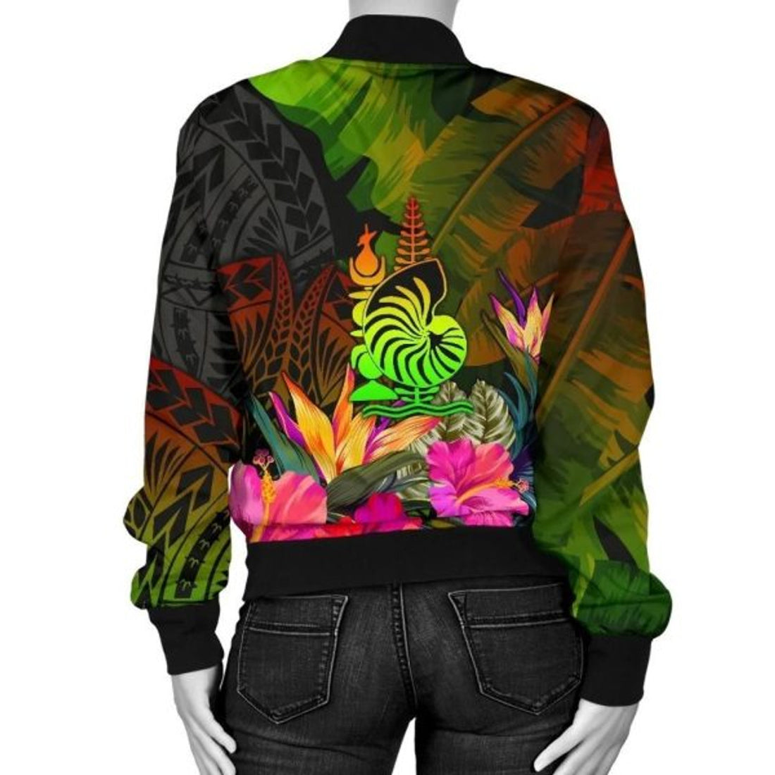 FUNSTUFFPRINTI New Caledonia Polynesian Women's Bomber Jacket- Hibiscus and Banana Leaves - Bomber Jacket