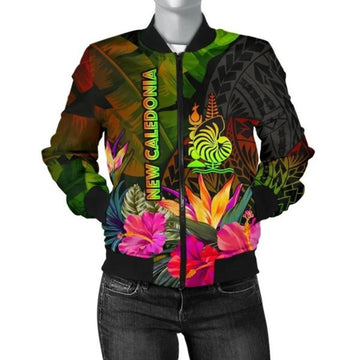 FUNSTUFFPRINTI New Caledonia Polynesian Women's Bomber Jacket- Hibiscus and Banana Leaves - Bomber Jacket