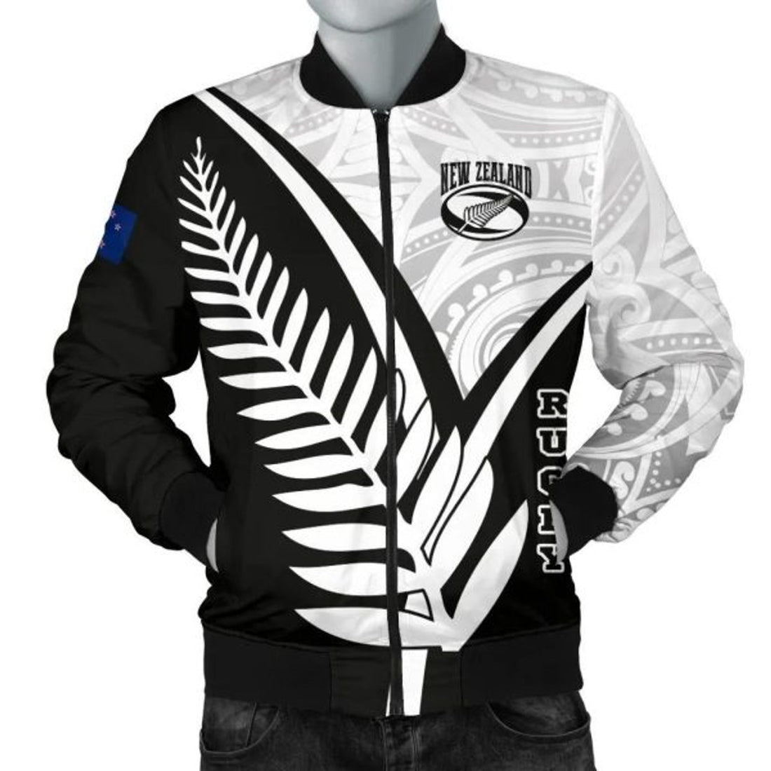 FUNSTUFFPRINTI New Zealand Rugby Men's Bomber Jacket - New Zealand Fern & Maori Patterns - Bomber Jacket