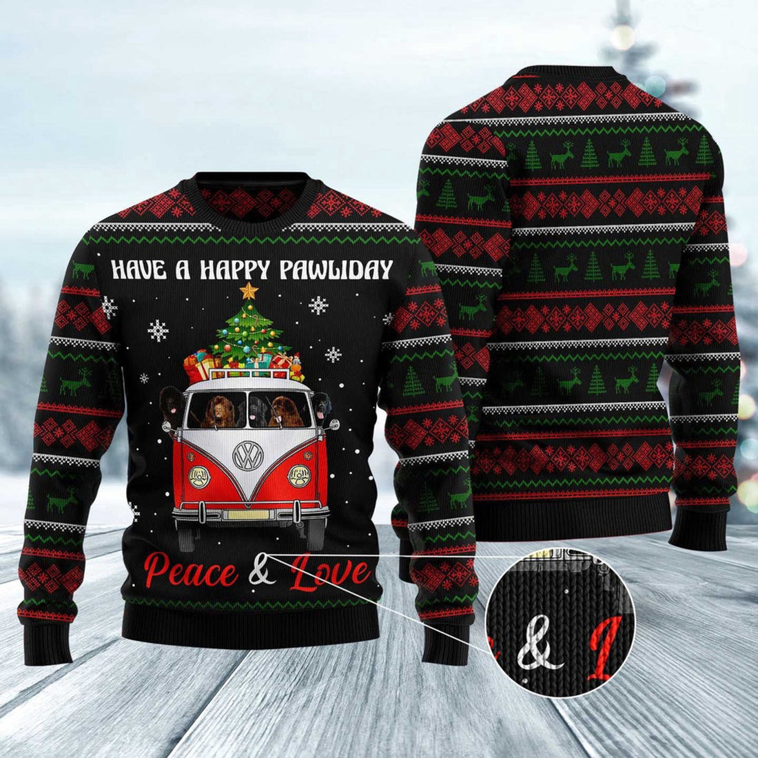 FUNSTUFFPRINT Newfoundland Dogs Carrying Gift Christmas On The Red Car Ugly Christmas Sweater, Dog Ugly Christmas Sweater, Ugly Dog Sweaters Ugly  Sweater