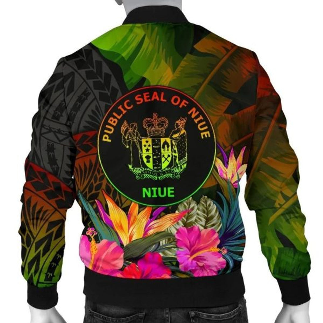 FUNSTUFFPRINTI Niue Polynesian Men's Bomber Jacket - Hibiscus and Banana Leaves - Bomber Jacket