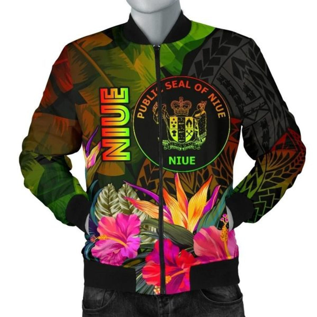 FUNSTUFFPRINTI Niue Polynesian Men's Bomber Jacket - Hibiscus and Banana Leaves - Bomber Jacket
