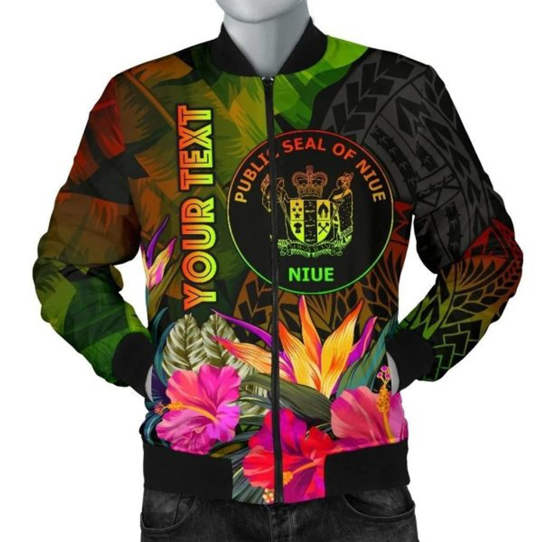 FUNSTUFFPRINT Niue Polynesian Personalised Men's Bomber Jacket - Hibiscus and Banana Leaves - Bomber Jacket