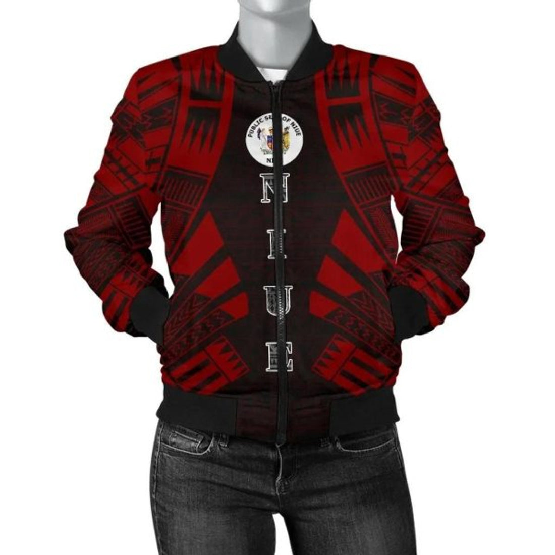 FUNSTUFFPRINT Niue Women's Bomber Jacket Coat Of Arms Polynesian With Hibiscus Bomber Jacket