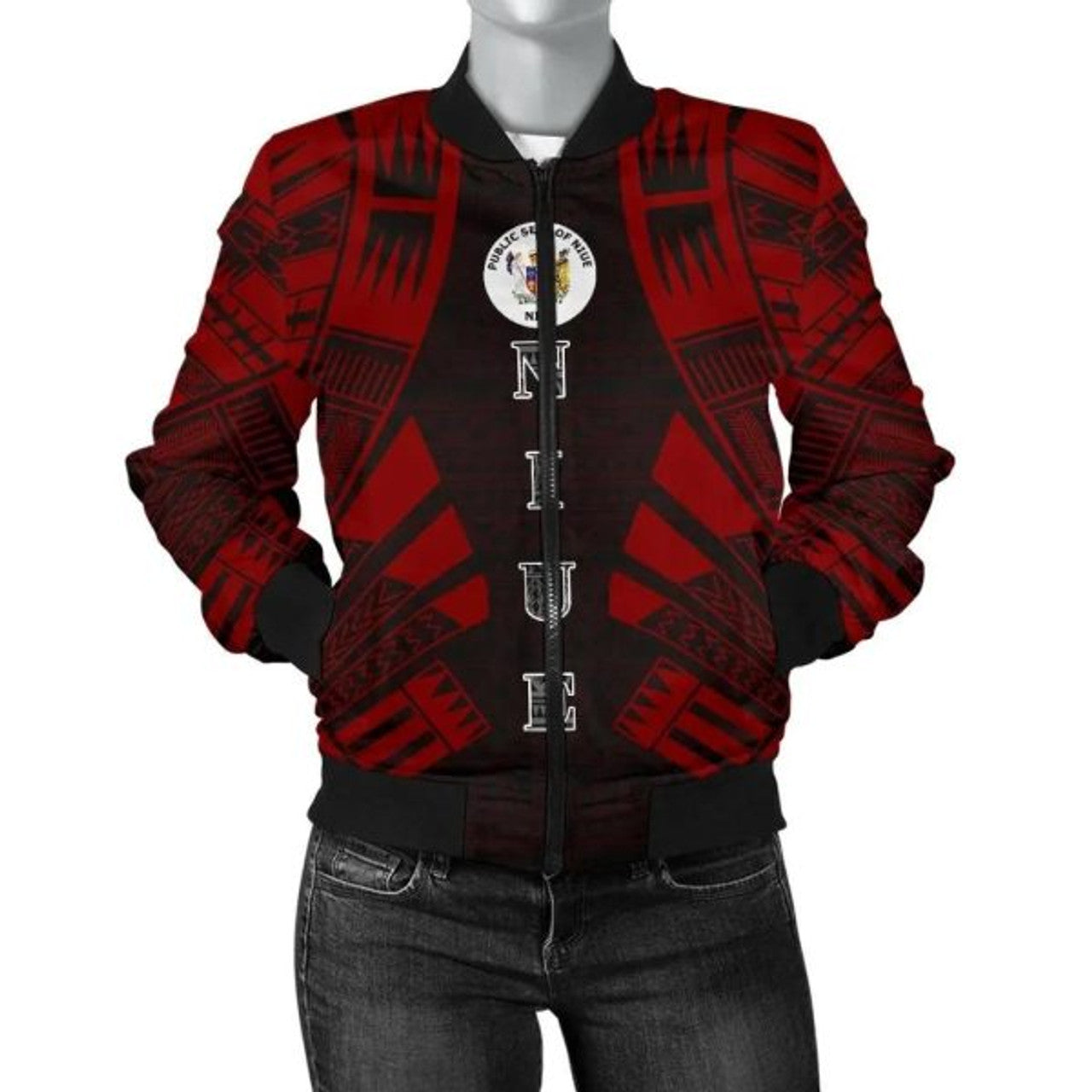 FUNSTUFFPRINT Niue Women's Bomber Jacket Coat Of Arms Polynesian With Hibiscus Bomber Jacket