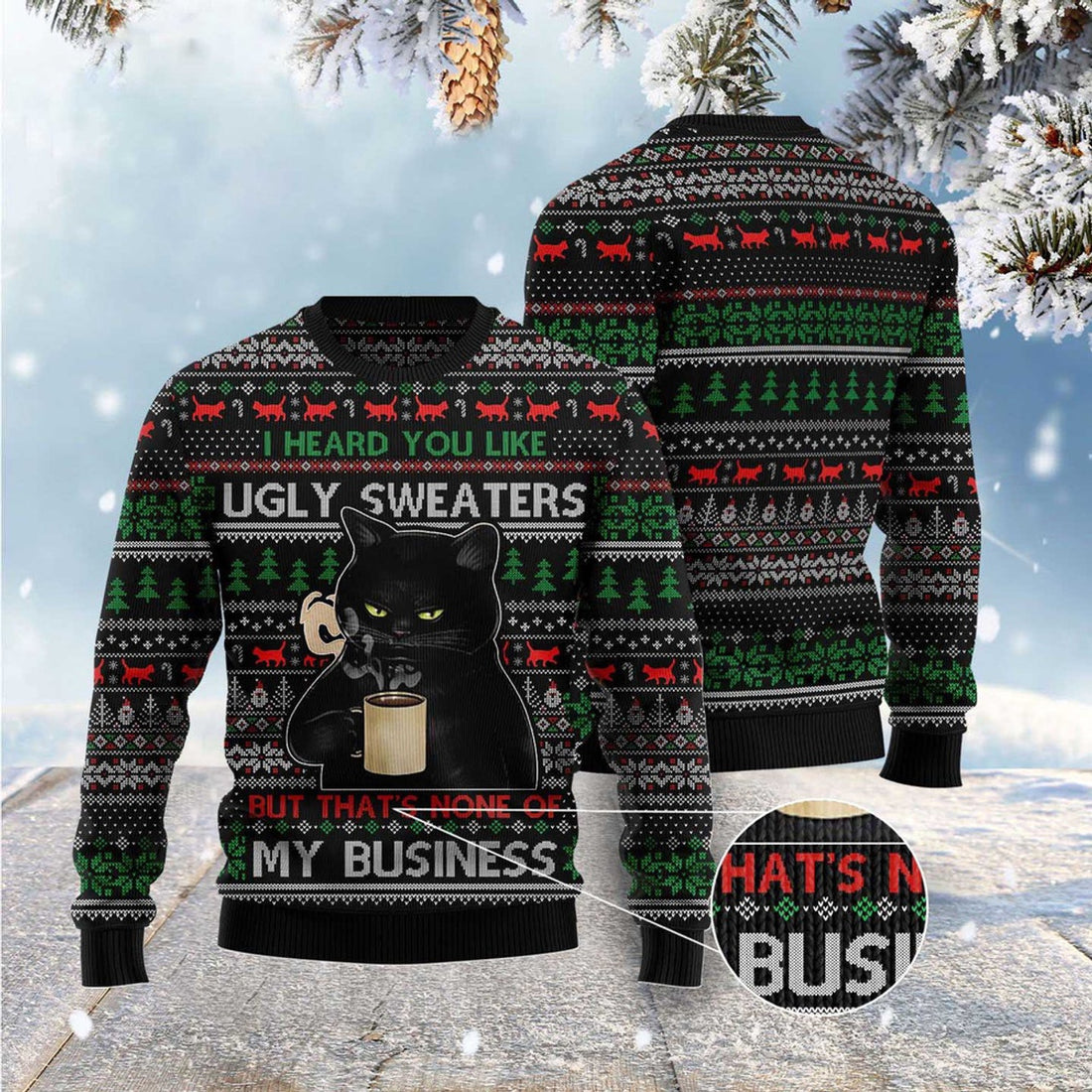 FUNSTUFFPRINT None Of My Business Black Cat Ugly Christmas Sweater, Christmas Cat Ugly Sweater, Ugly Cat Xmas Sweater Ugly Sweater