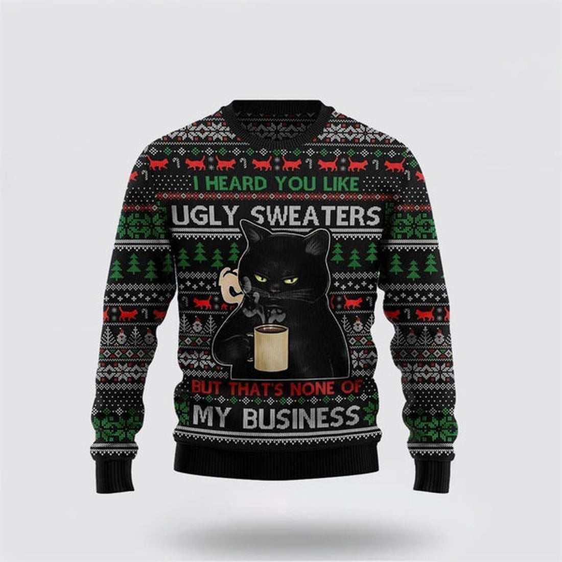 FUNSTUFFPRINT None Of My Business Black Cat Ugly Christmas Sweater For Men And Women, Best Gift For Christmas, Christmas Fashion Winter  Ugly  Sweater