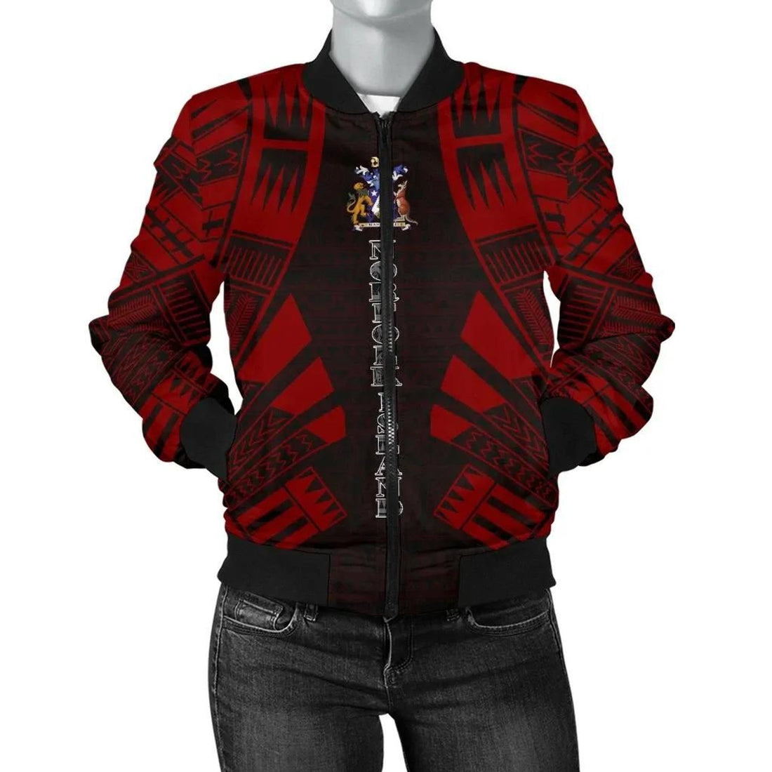 FUNSTUFFPRINT Norfolk Island Women Bomber Jacket - Polynesian Tattoo Red - 10 3D Bomber Jacket