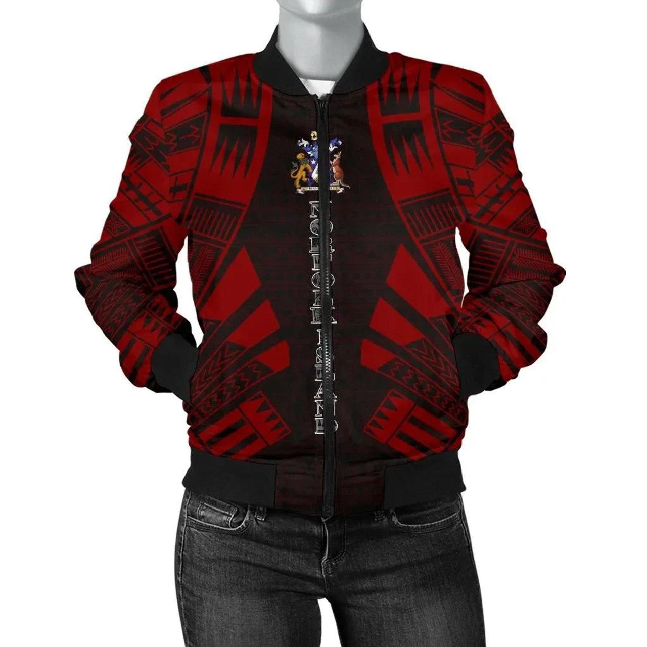 FUNSTUFFPRINT Norfolk Island Women Bomber Jacket - Polynesian Tattoo Red - 10 3D Bomber Jacket