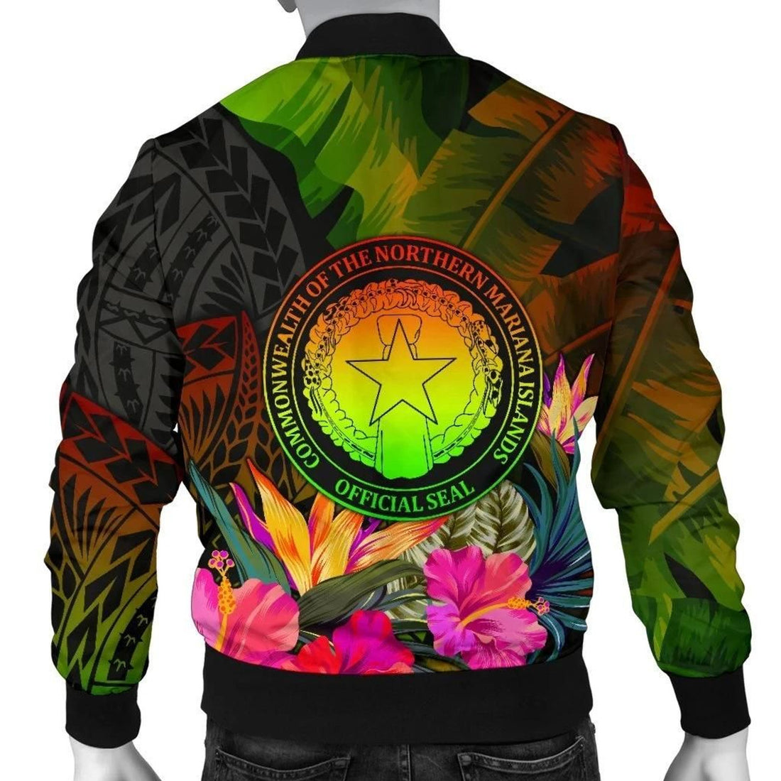 FUNSTUFFPRINT Northern Mariana Islands Polynesian Men's Bomber Jacket - Hibiscus and Banana Leaves - 3D Bomber Jacket
