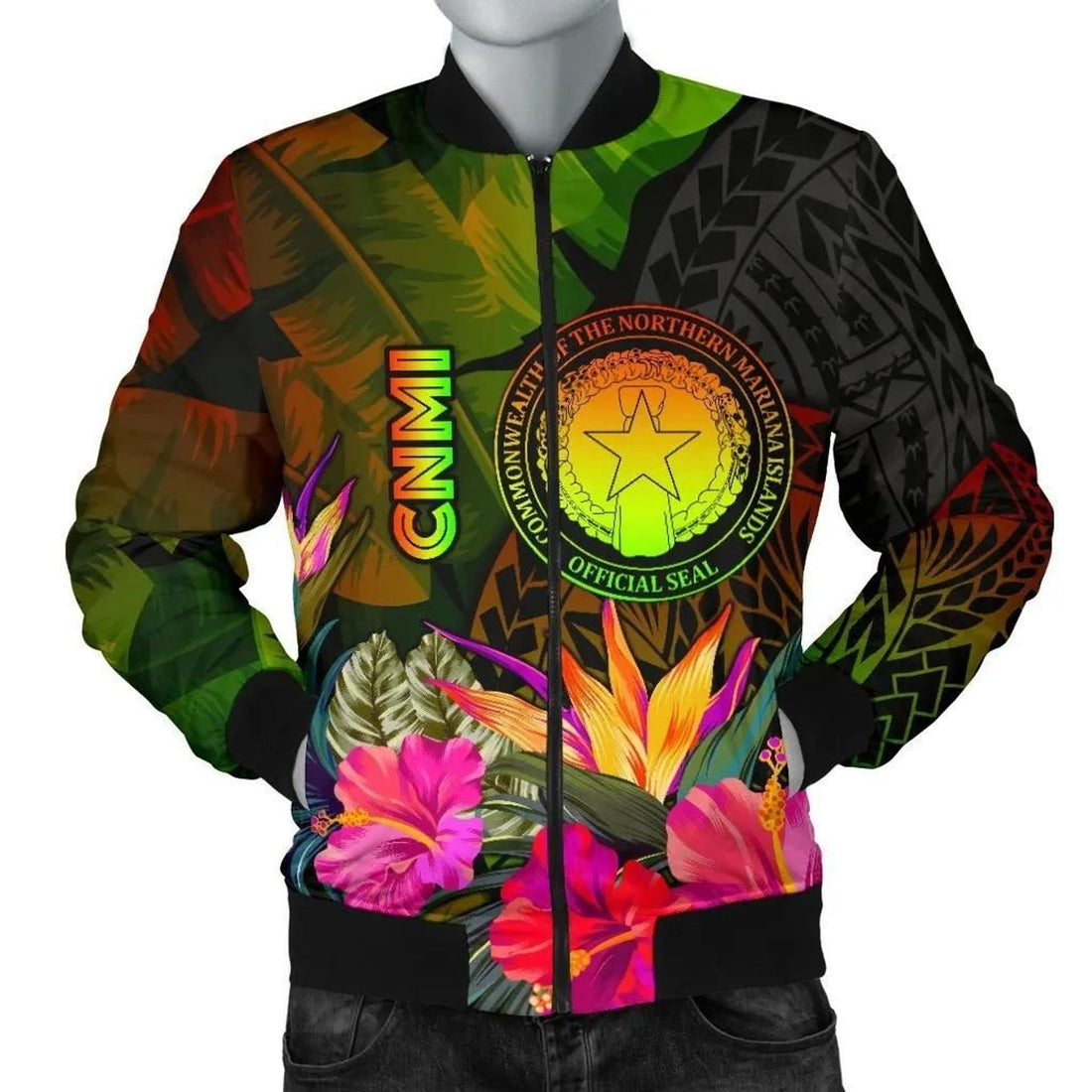 FUNSTUFFPRINT Northern Mariana Islands Polynesian Men's Bomber Jacket - Hibiscus and Banana Leaves - 3D Bomber Jacket