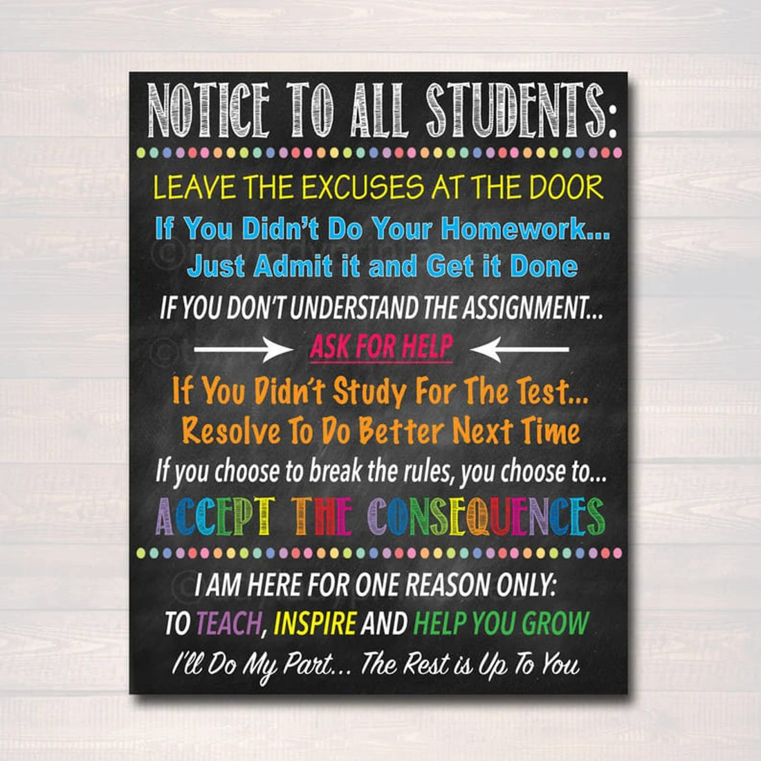 Notice To All Students Leave The Excuses At The Door Accept The Consequences, Back To School Poster and Canvas