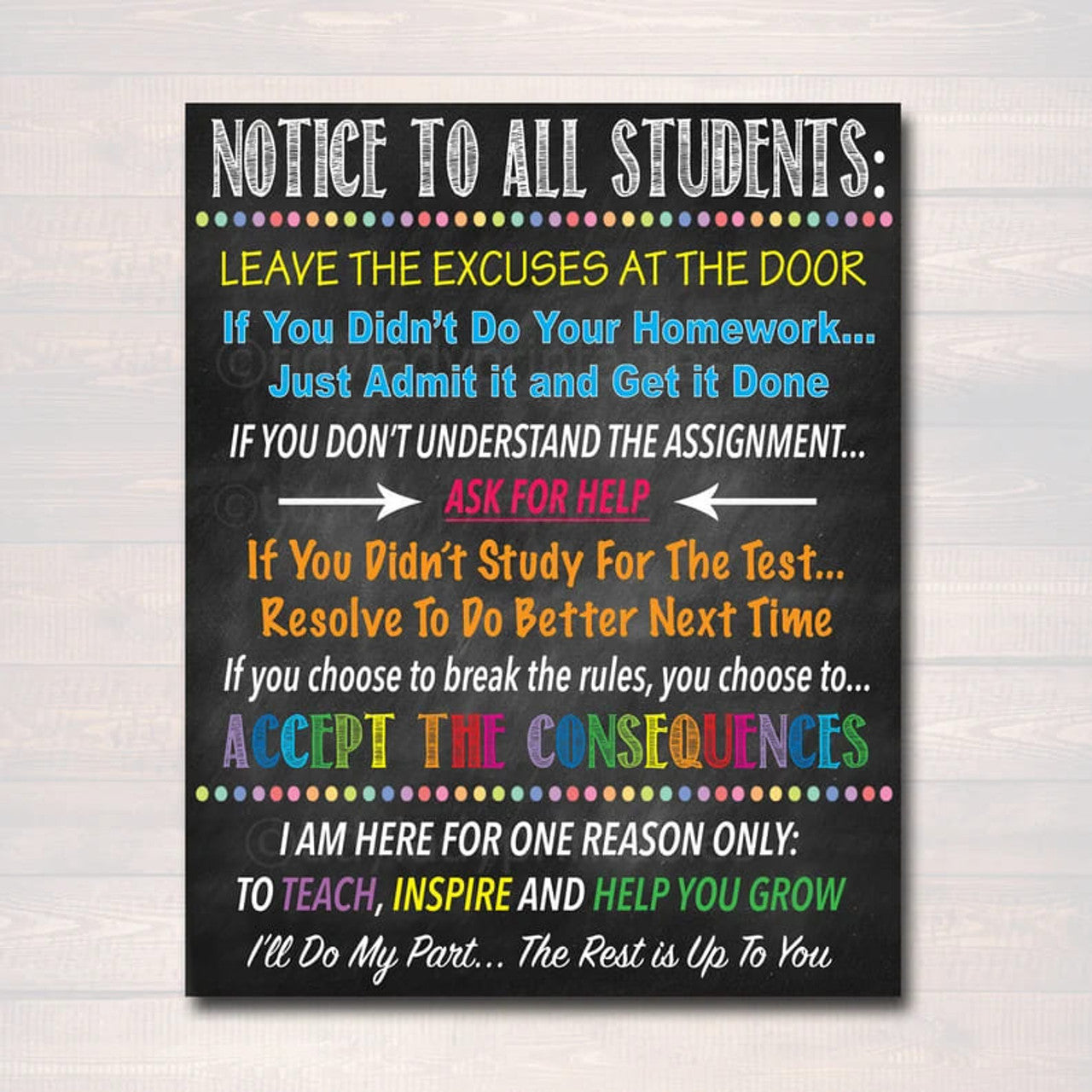 Notice To All Students Leave The Excuses At The Door Accept The Consequences, Back To School Poster and Canvas