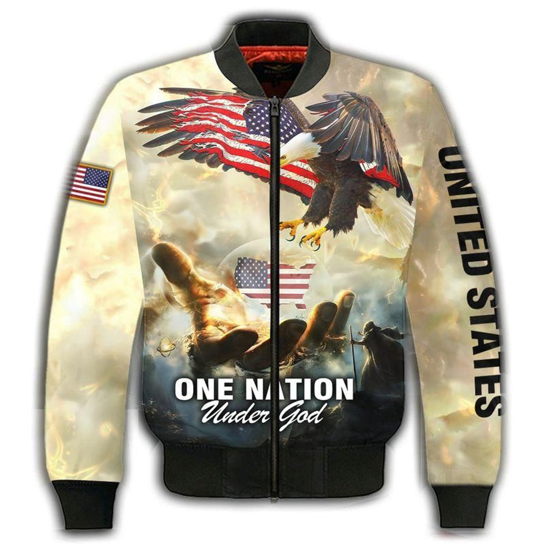 FUNSTUFFPRINT ONE NATION UNDER GOD Bomber Jacket 3D Jesus American flag gift idea for Veteran 3D Bomber Jacket