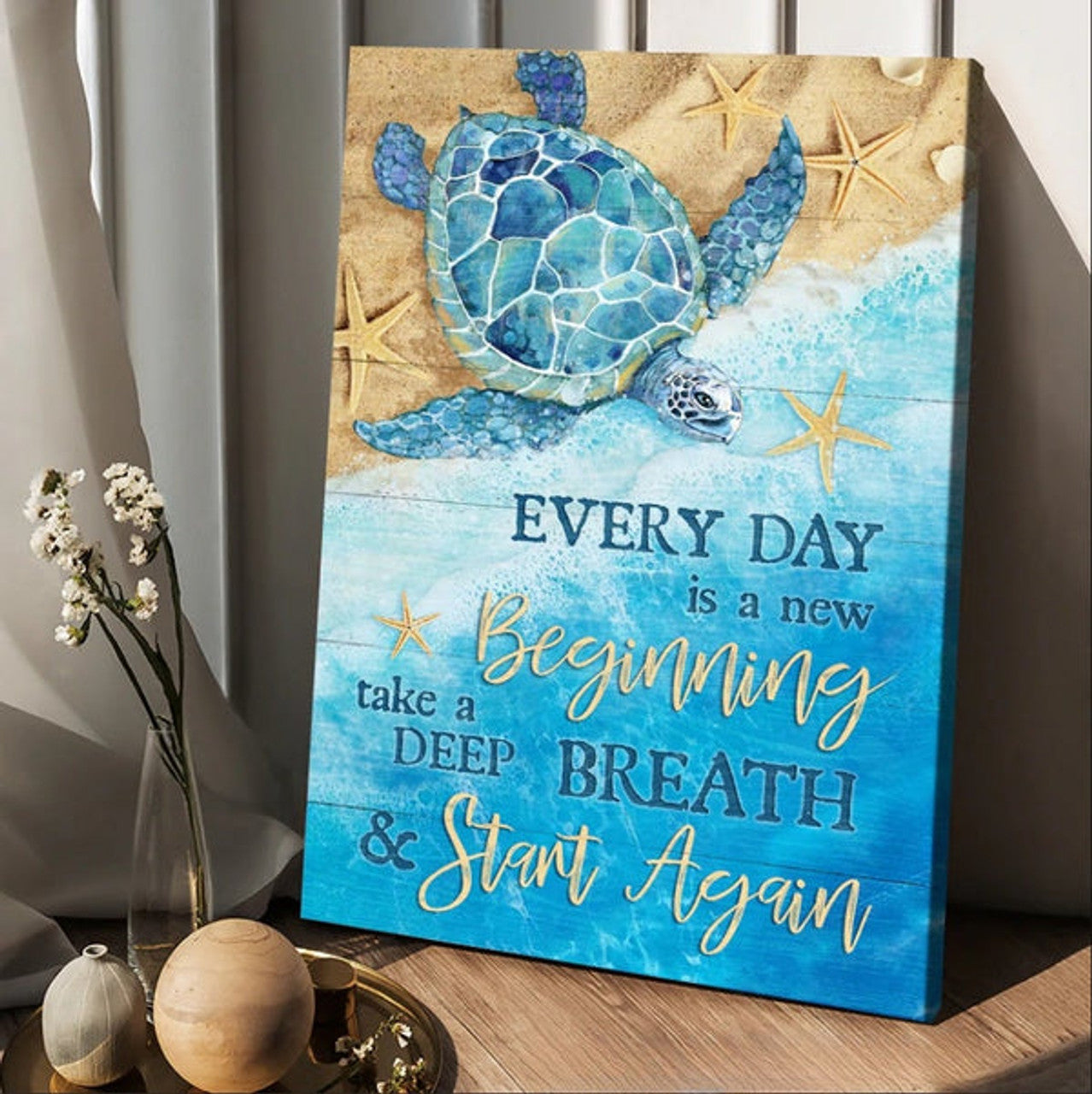 Ocean Painting Turtle Every Day Is A New Beginning Canvas Wall Art - Christian Wall Posters - Religious Wall Decor