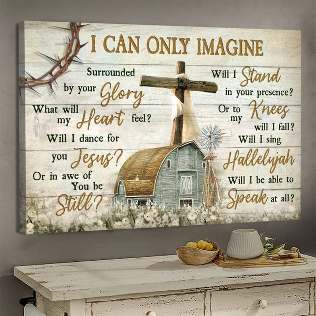 Old Barn Painting Wooden Cross Flower Field I Can Only Imagine Canvas Wall Art - Christian Poster - Religious Wall Decor