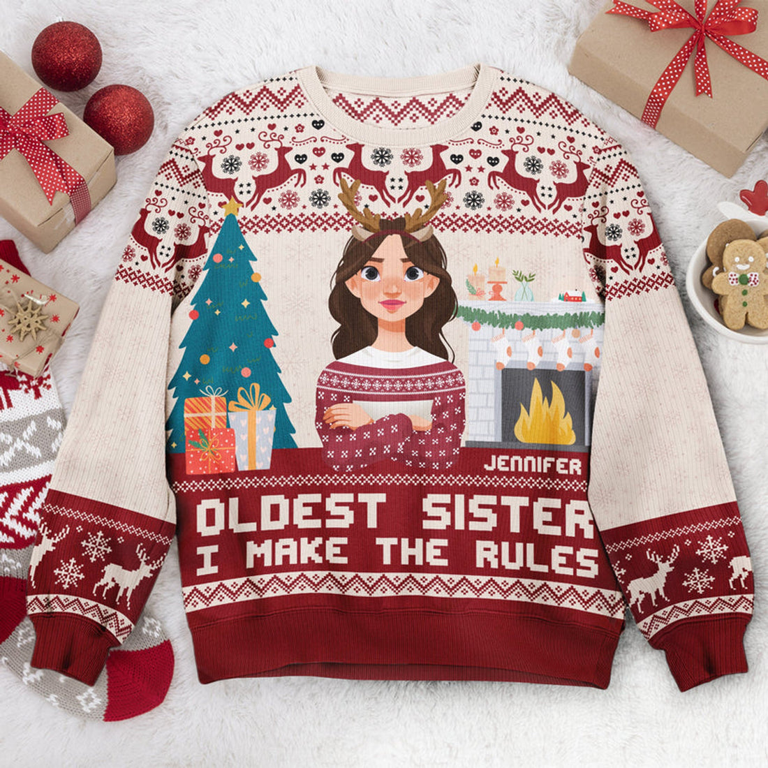 FUNSTUFFPRINT Custom Oldest Sister I Make The Rules Ugly Sweater