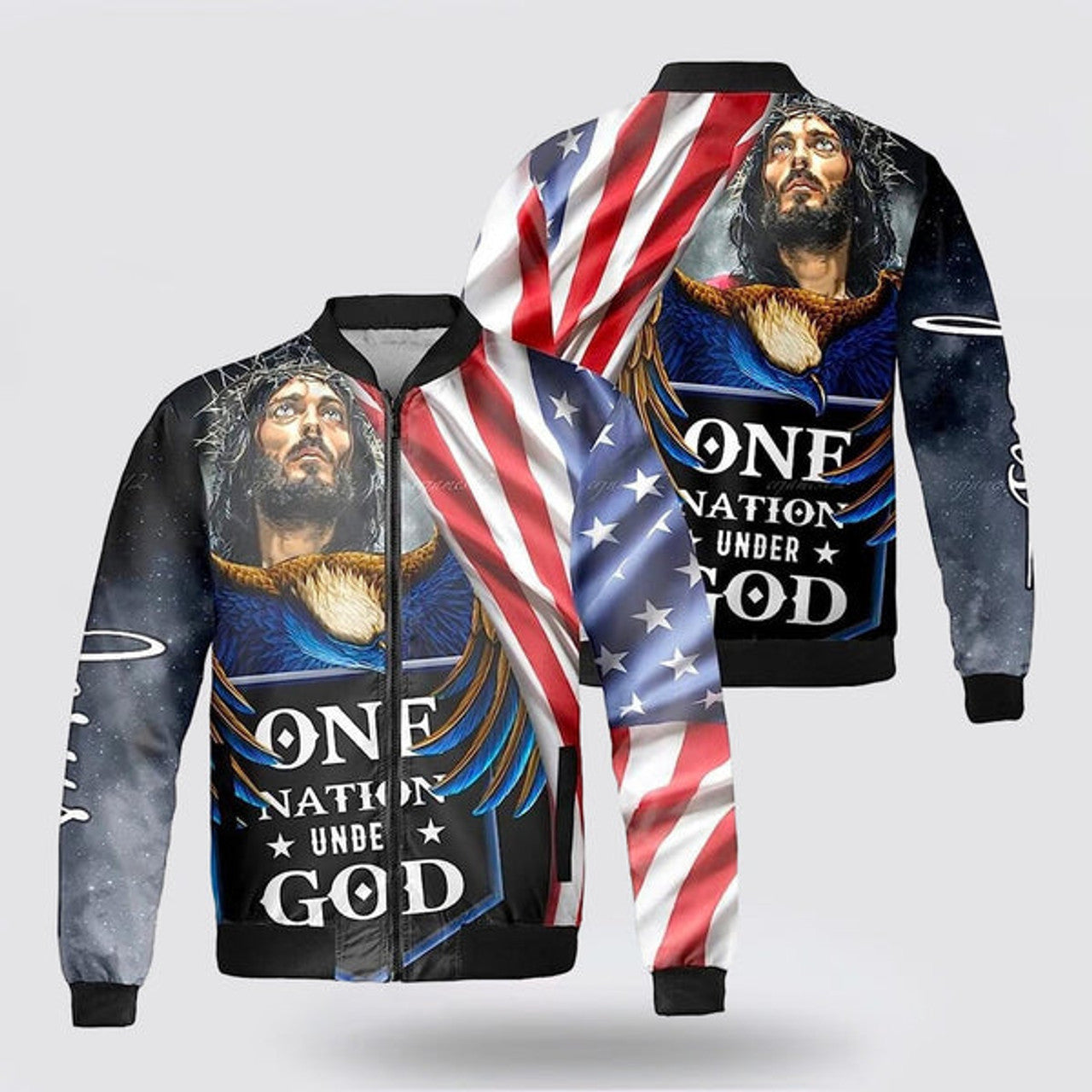 FUNSTUFFPRINT One Nation Under God Jesus Eagle Flag Us Bomber Jacket - Christian Bomber Shirts for Men and Women 3D Bomber Jacket