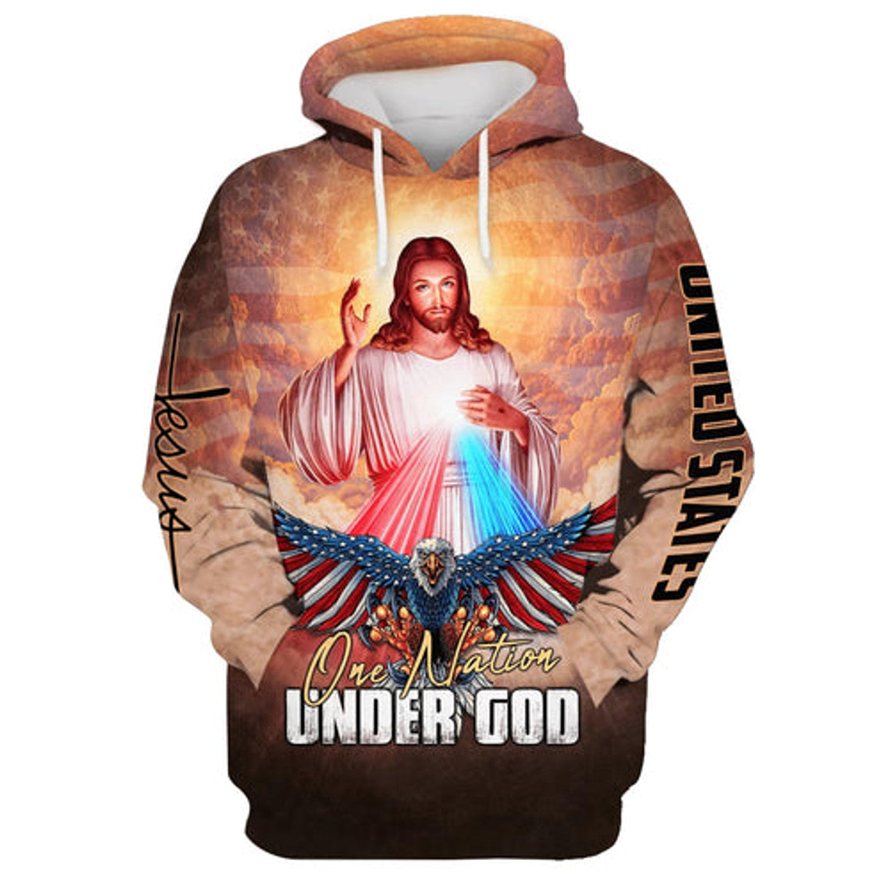 FUNSTUFFPRINT 3D One Nation Under God - Jesus Christ And Bald Eagle 3D Hoodie and Zip Hoodie