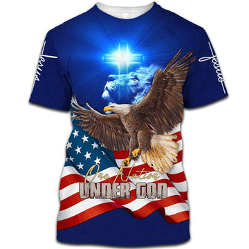 FUNSTUFFPRINT One Nation Under God Bald Eagle Lion Cross Christian 3D T-shirt