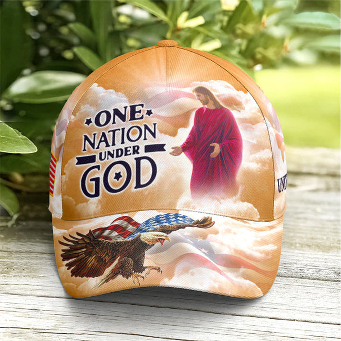 FUNSTUFFPRINT One Nation Under God Baseball Cap For Jesus Lovers Drawing Vector Style Yellow