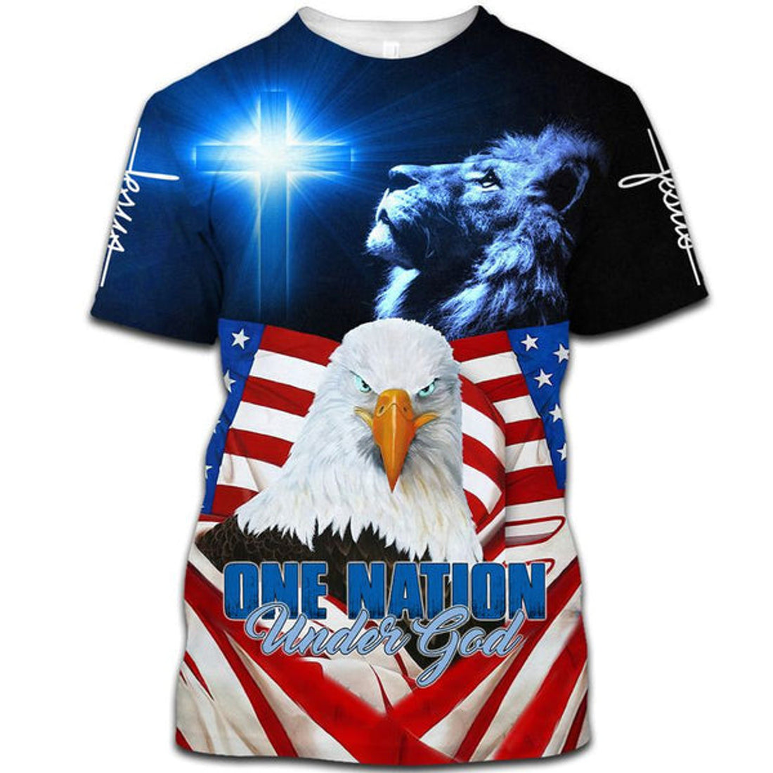 FUNSTUFFPRINT One Nation Under God Beautiful Lion Eagle Christian 3D T-shirt