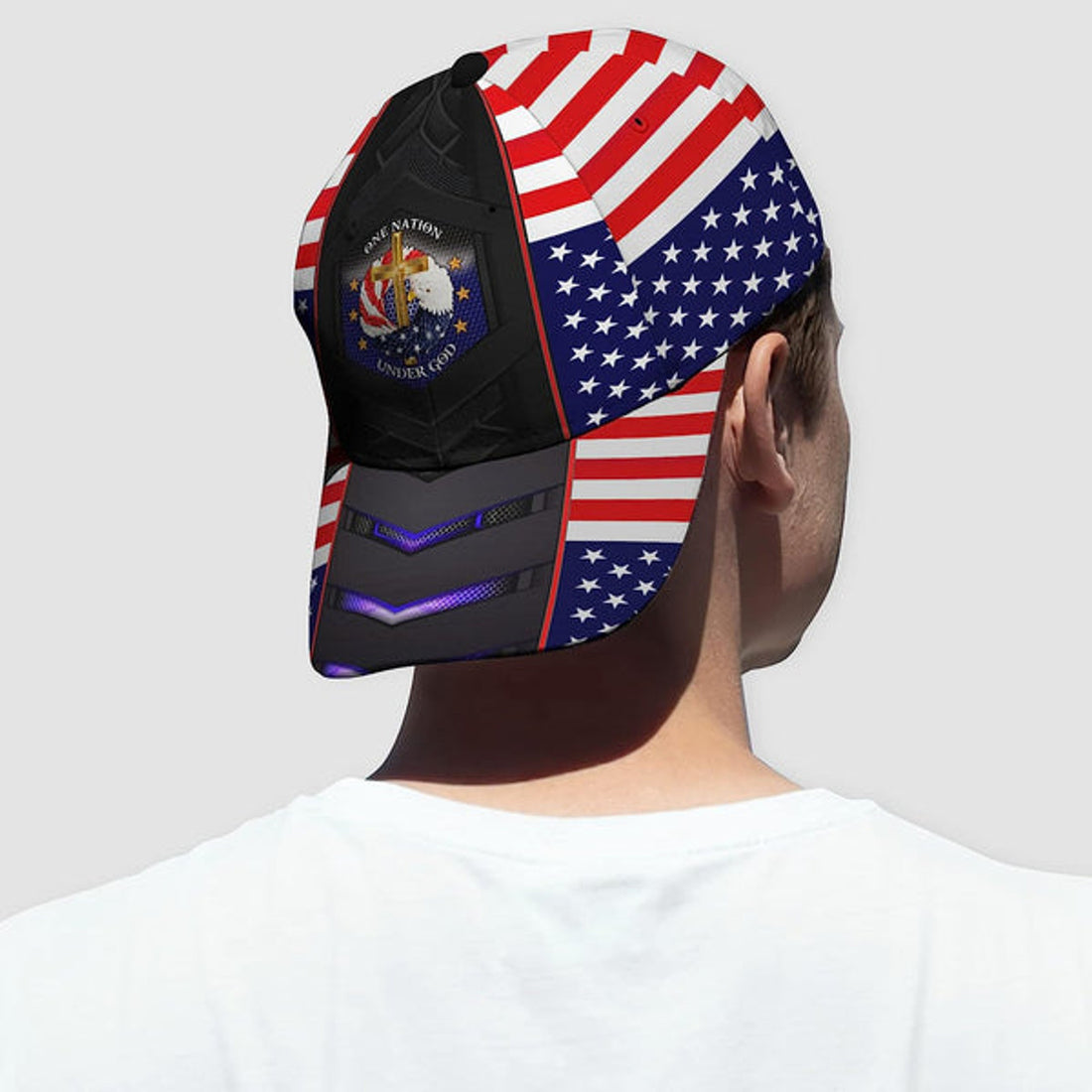 FUNSTUFFPRINT One Nation Under God Cross And American Flag Eagle Wreath All Over Print Baseball Cap - Christian Hats For Men Women