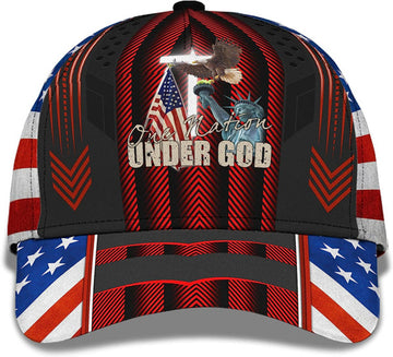 FUNSTUFFPRINT One Nation Under God Eagle On Liberty Statue Usa Flag And Cross All Over Print Baseball Cap - Christian Hats For Men Women