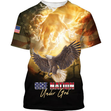FUNSTUFFPRINT One Nation Under God Hand Point Bald Eagles Christian 3D T-shirt