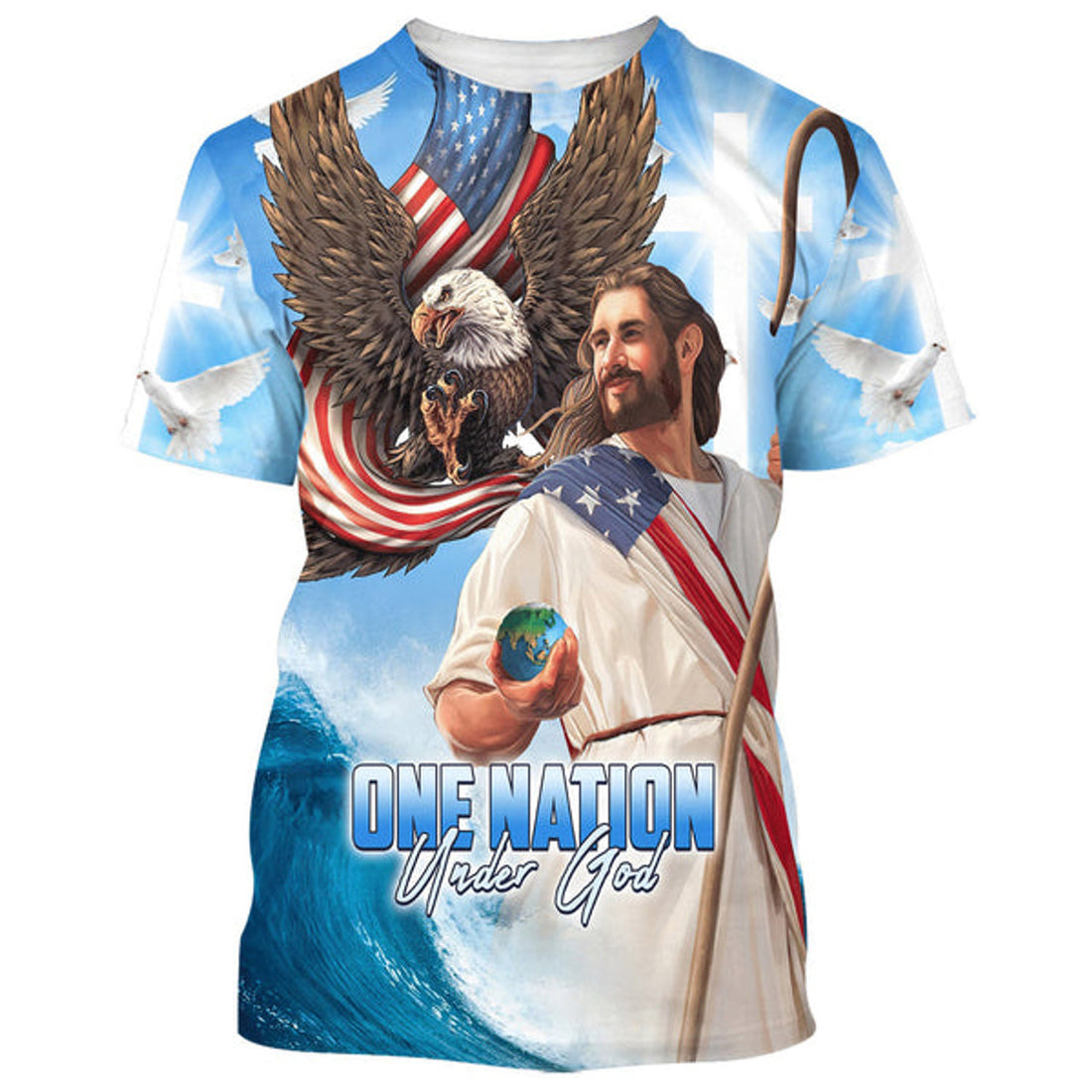 FUNSTUFFPRINT One Nation Under God Jesus American Christian 3D T-shirt