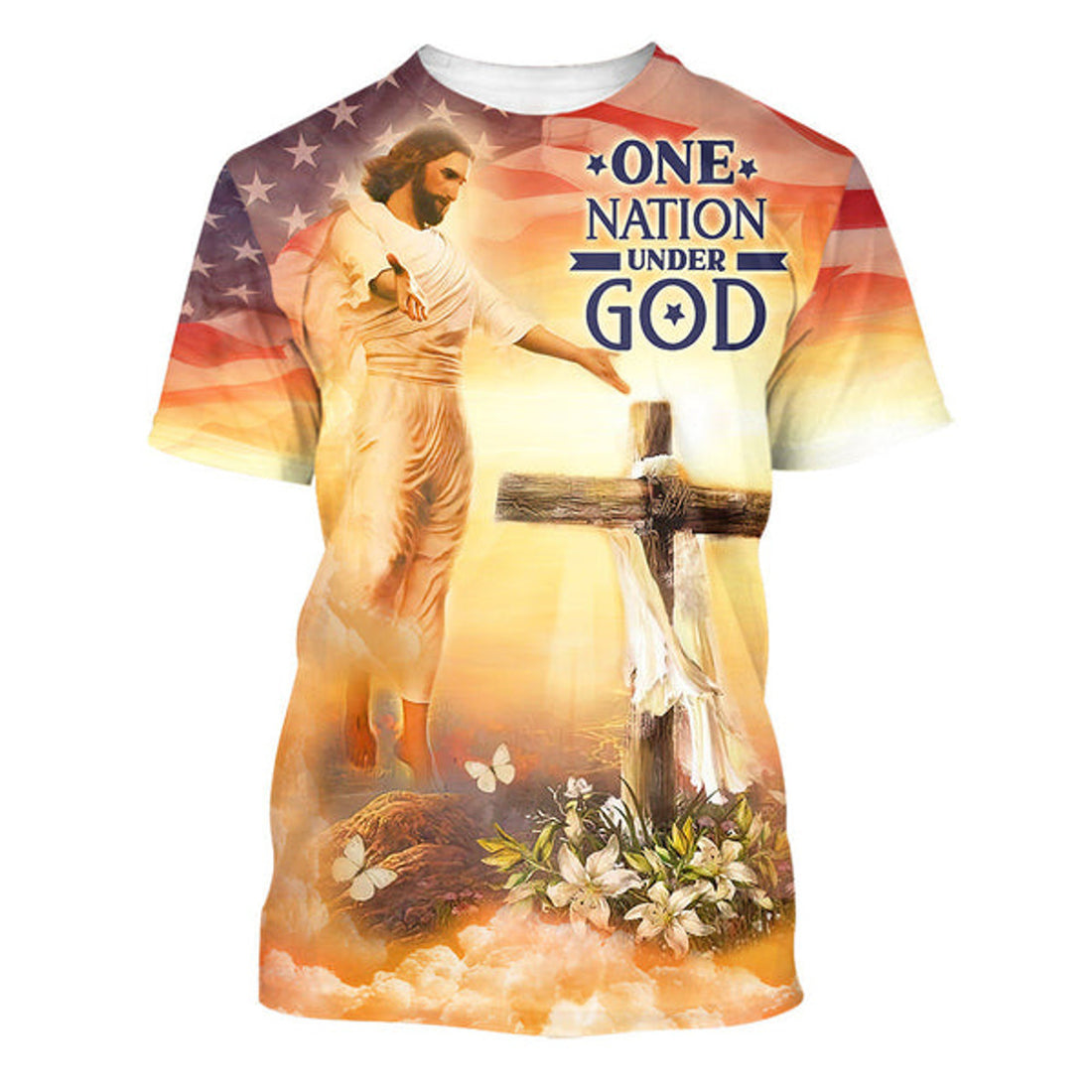 FUNSTUFFPRINT One Nation Under God Jesus Cross Christian 3D T-shirt