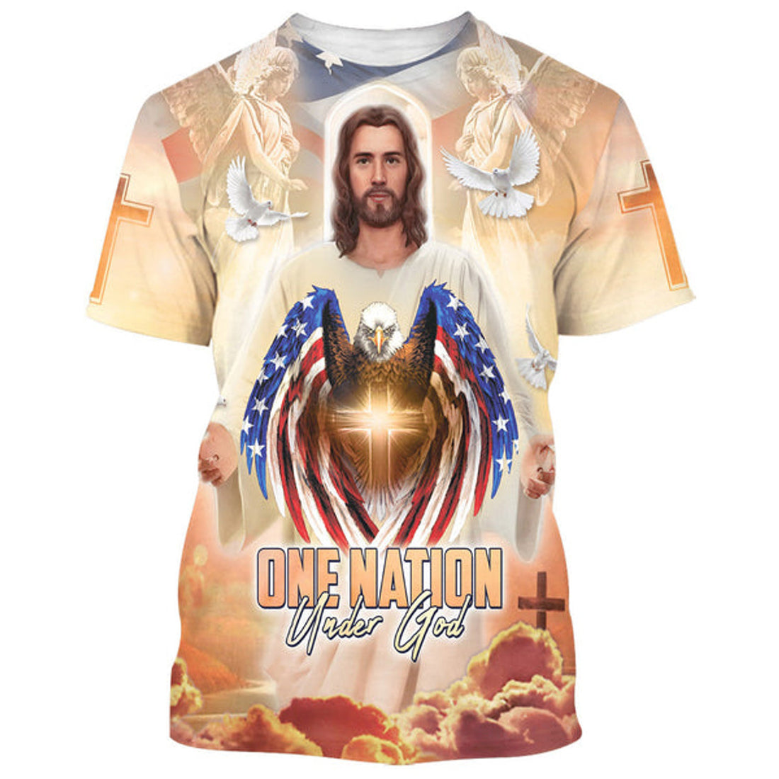 FUNSTUFFPRINT One Nation Under God Jesus Eagle American Christian 3D T-shirt