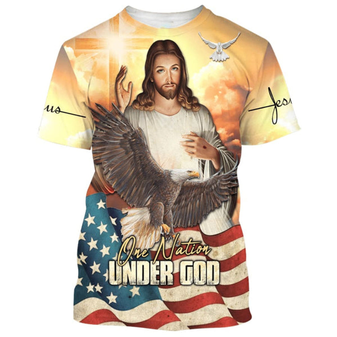 FUNSTUFFPRINT One Nation Under God Jesus Eagle American Flag Christian 3D T-shirt