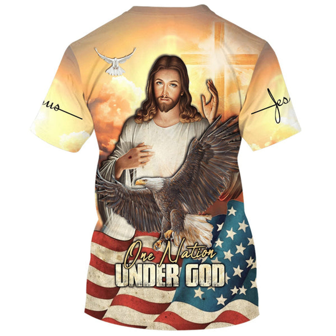 FUNSTUFFPRINT One Nation Under God Jesus Eagle American Flag Christian 3D T-shirt