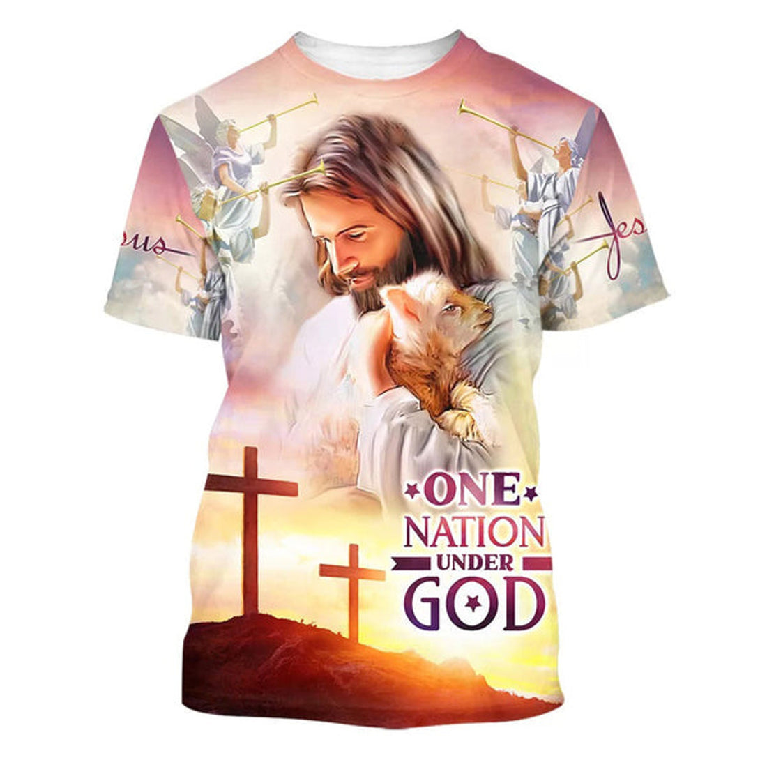 FUNSTUFFPRINT One Nation Under God Jesus Holding Sheep Christian 3D T-shirt