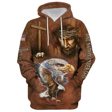 FUNSTUFFPRINT 3D One Nation Under God Patriotic Eagle American Flag 3D Hoodie and Zip Hoodie