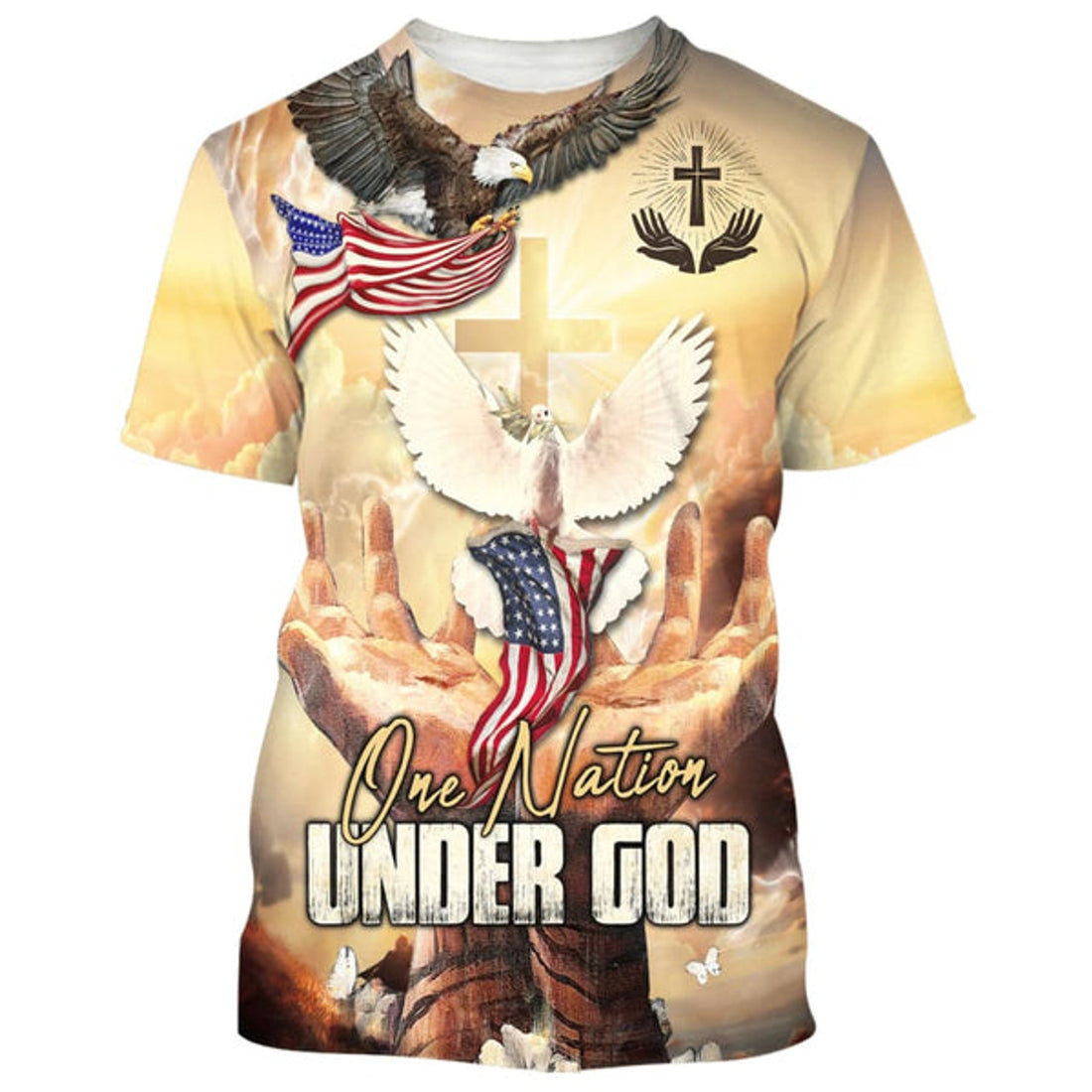 FUNSTUFFPRINT One Nation Under God Shirts - Hand Hold Cross Dove Christian 3D T-shirt
