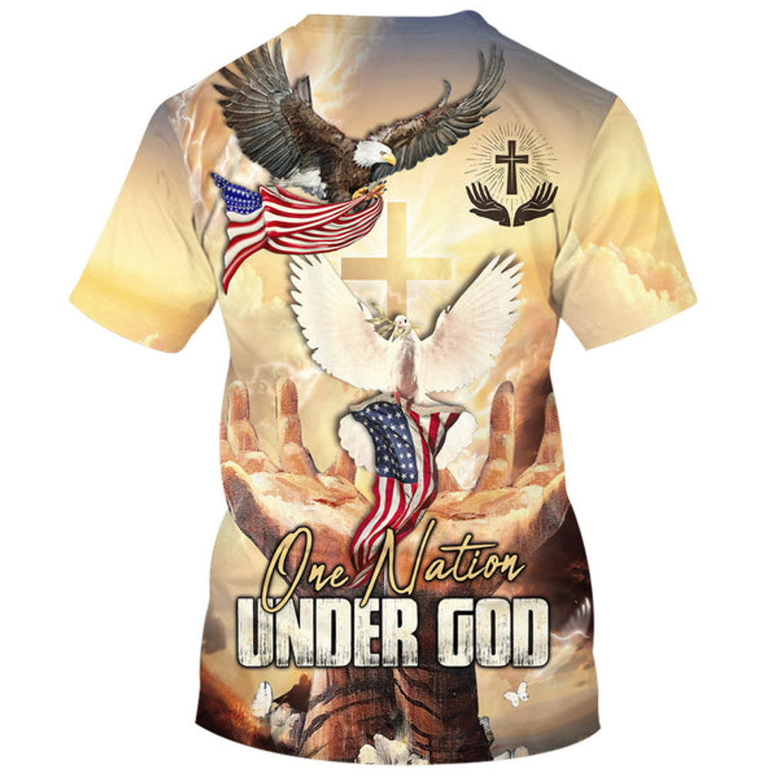 FUNSTUFFPRINT One Nation Under God Shirts - Hand Hold Cross Dove Christian 3D T-shirt