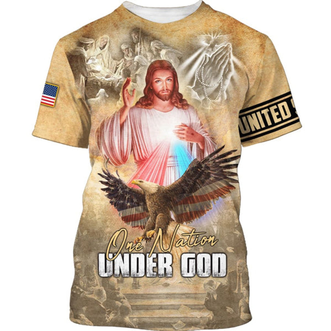 FUNSTUFFPRINT One Nation Under God Shirts - Jesus And Eagle American Flag Christian 3D T-shirt