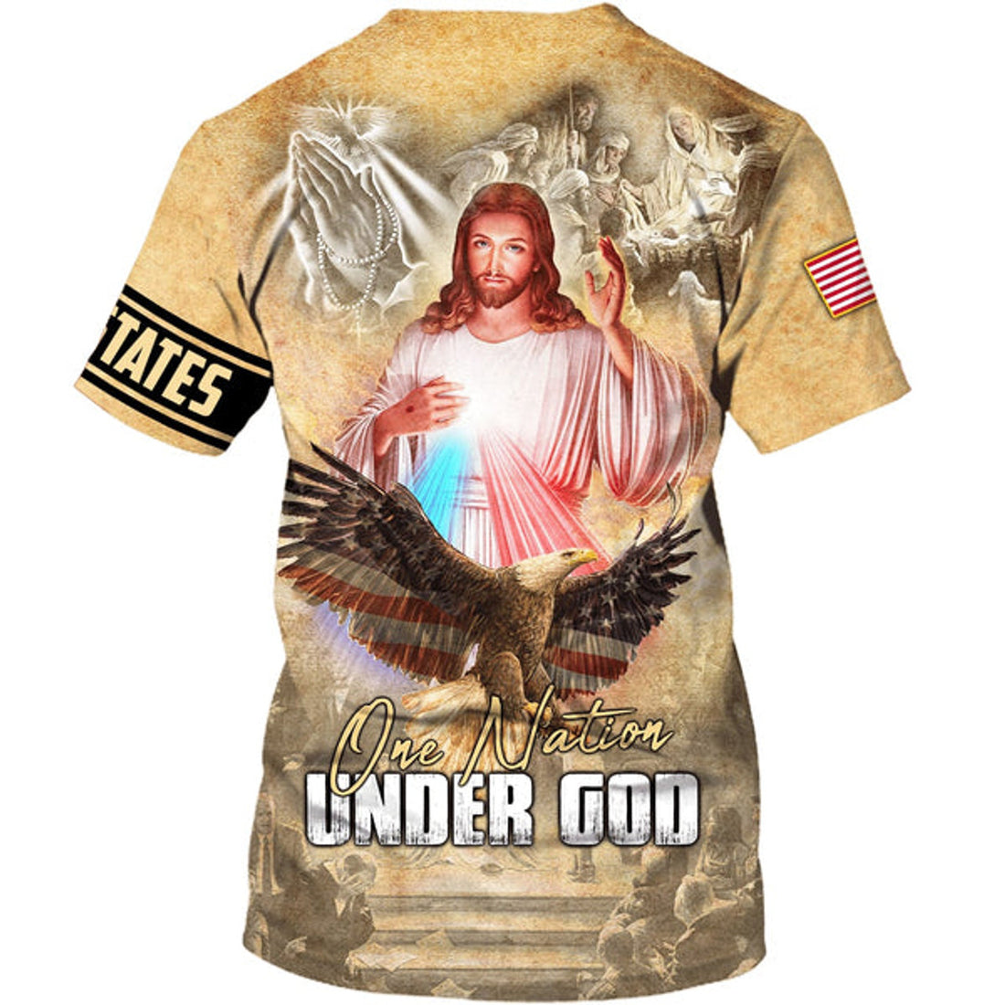 FUNSTUFFPRINT One Nation Under God Shirts - Jesus And Eagle American Flag Christian 3D T-shirt