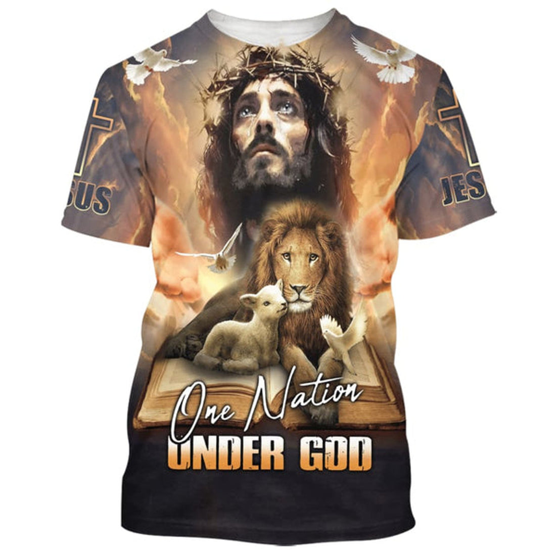 FUNSTUFFPRINT One Nation Under God Shirts - Jesus Lion And The Lamb Christian 3D T-shirt
