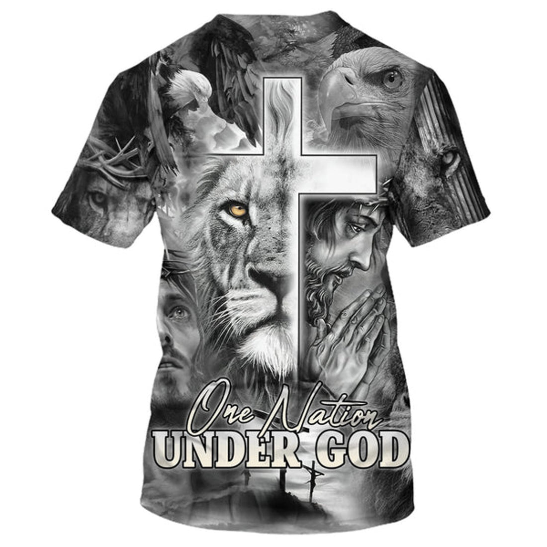 FUNSTUFFPRINT One Nation Under God Shirts - Jesus Prayer Lion And Eagle 3D All Over Printed Shirt for Men and Women
 3D T-shirt