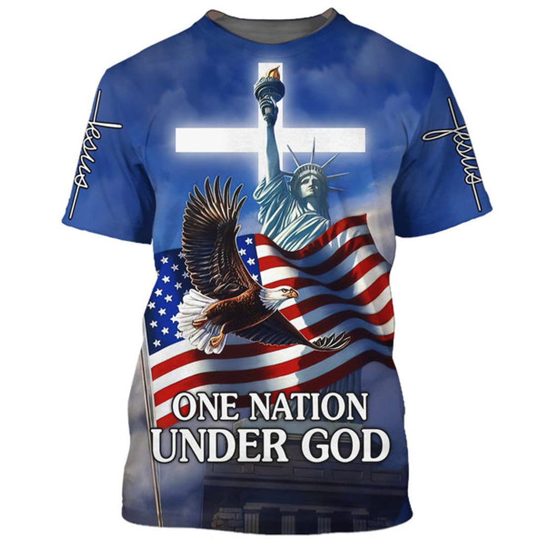 FUNSTUFFPRINT One Nation Under God Shirts - July 4th Statue Of Liberty Christian 3D T-shirt