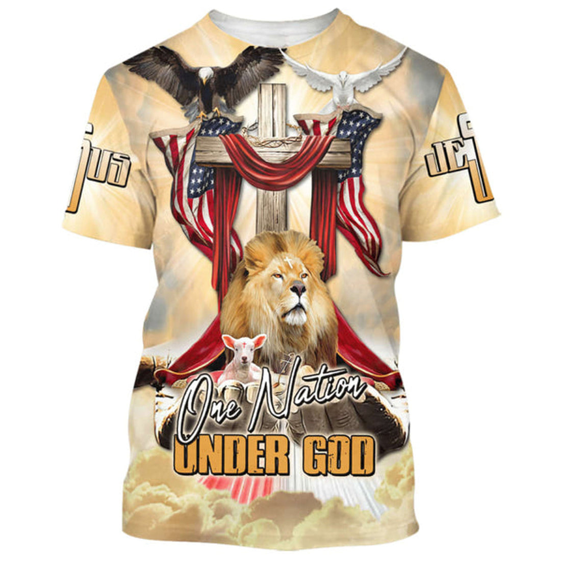 FUNSTUFFPRINT One Nation Under God Shirts - Lion Wooden Cross And The Lamb Christian 3D T-shirt