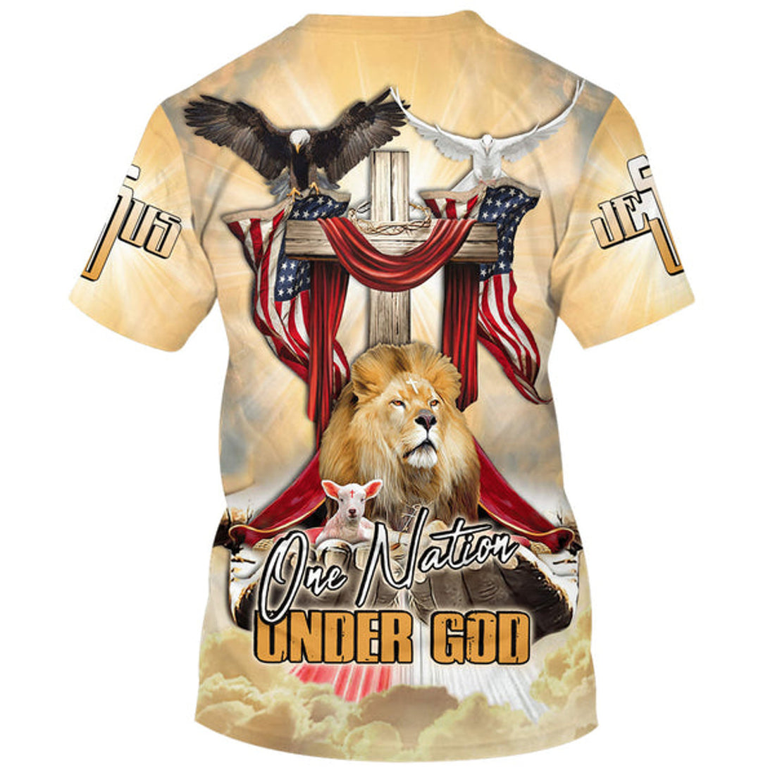 FUNSTUFFPRINT One Nation Under God Shirts - Lion Wooden Cross And The Lamb Christian 3D T-shirt